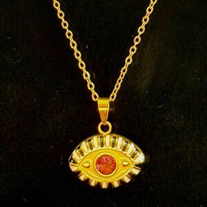 Ramla Yellow Eye Necklace with pink stone - 14K Gold-Plated New